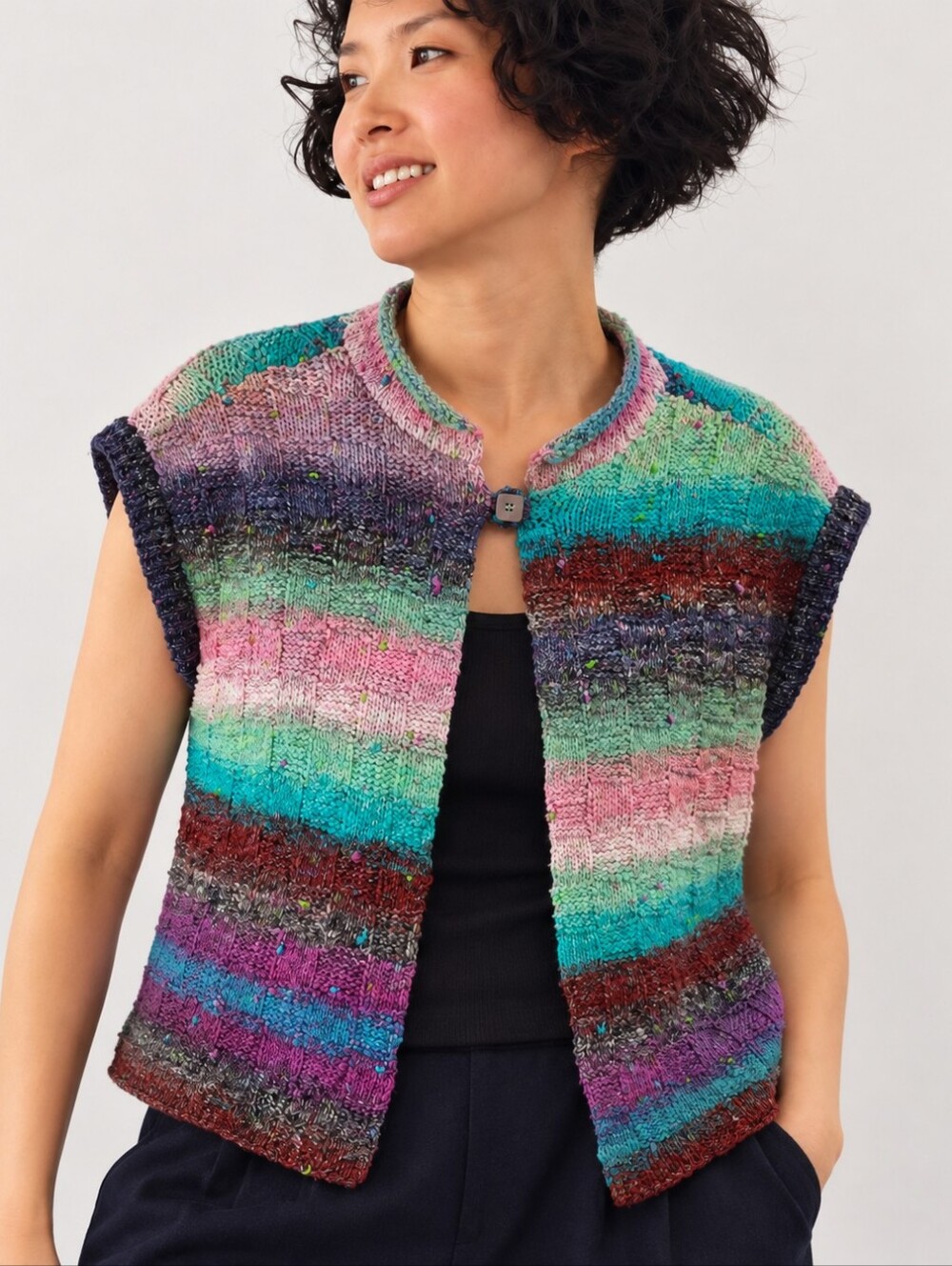 Women's Size M hand-knitted, multicoloured sleeveless cardigan Vest